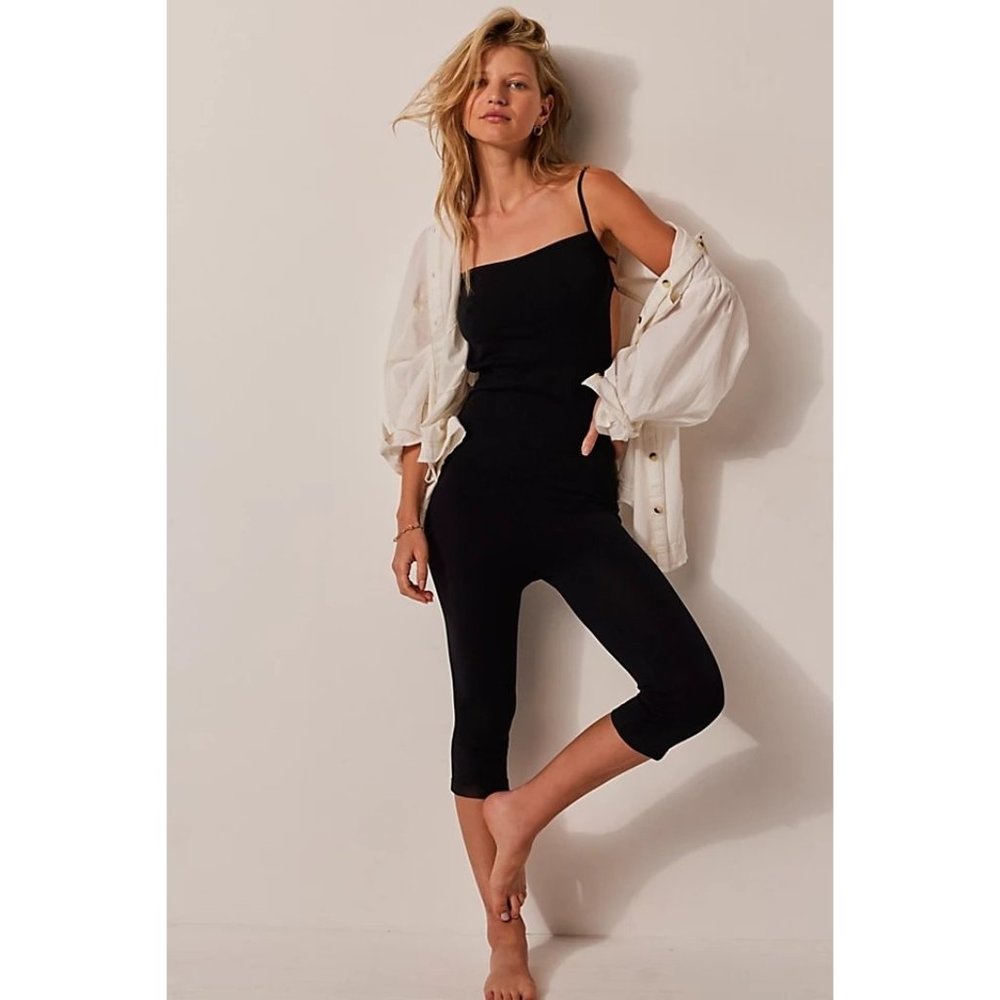 Free people the go capri cropped catsuit bodysuit romper black spandex NWT M/L